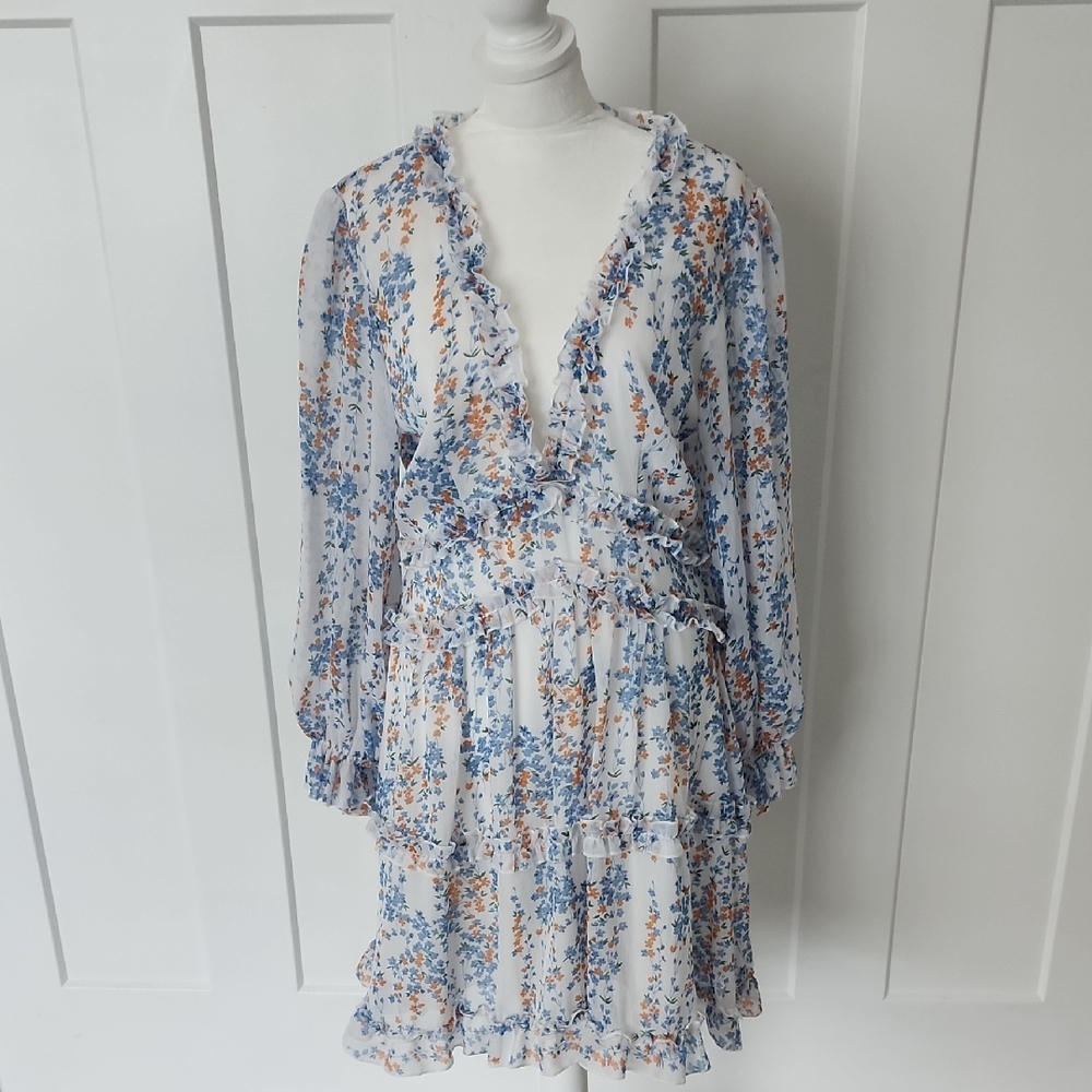 Floral Chiffon Dress - Blue and Orange